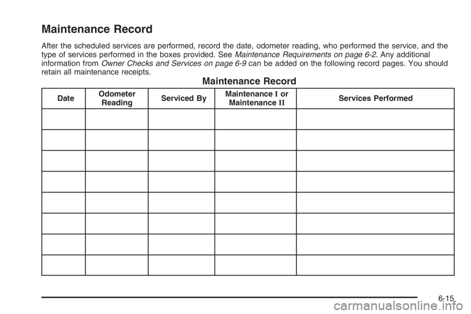 GMC ENVOY DENALI 2006 Owners Manual Maintenance Record
After the scheduled services are performed, record the date, odometer reading, who performed the service, and the
type of services performed in the boxes provided. SeeMaintenance Re GMC ENVOY DENALI 2006 Owners Manual Maintenance Record
After the scheduled services are performed, record the date, odometer reading, who performed the service, and the
type of services performed in the boxes provided. SeeMaintenance Re