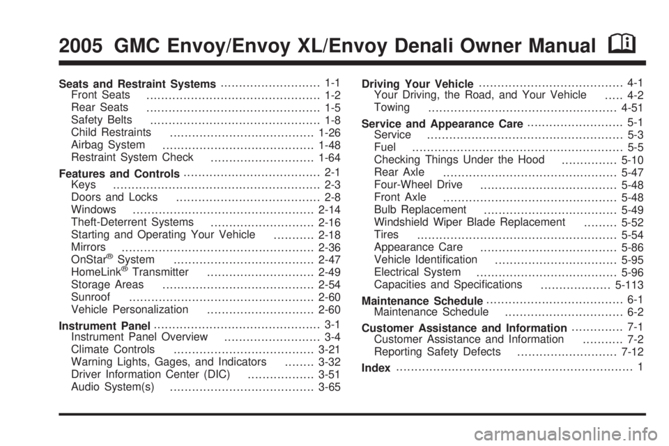 GMC ENVOY DENALI 2005  Owners Manual Seats and Restraint Systems........................... 1-1
Front Seats
............................................... 1-2
Rear Seats
............................................... 1-5
Safety Belts
.