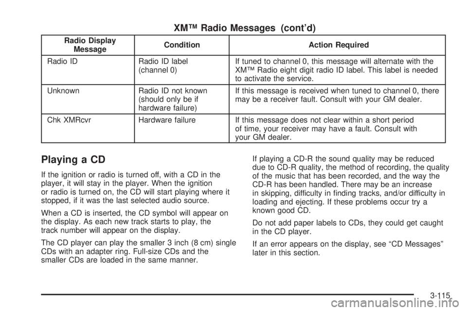 GMC ENVOY DENALI 2005  Owners Manual XM™ Radio Messages (cont’d)
Radio Display
MessageCondition Action Required
Radio ID Radio ID label
(channel 0)If tuned to channel 0, this message will alternate with the
XM™ Radio eight digit ra