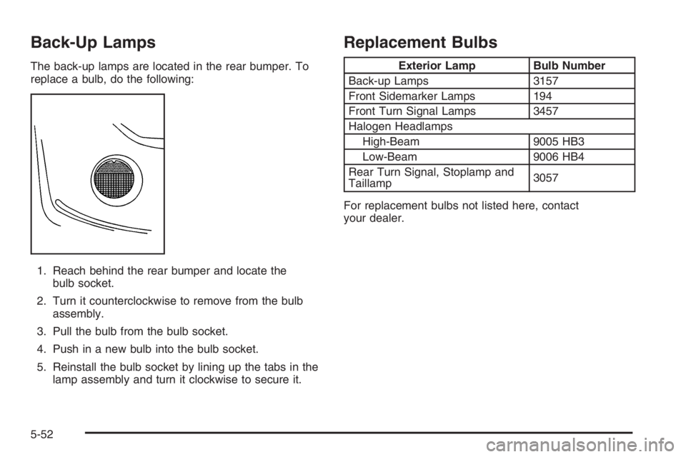 GMC ENVOY XL 2006 Owners Manual Back-Up Lamps
The back-up lamps are located in the rear bumper. To
replace a bulb, do the following:
1. Reach behind the rear bumper and locate the
bulb socket.
2. Turn it counterclockwise to remove f