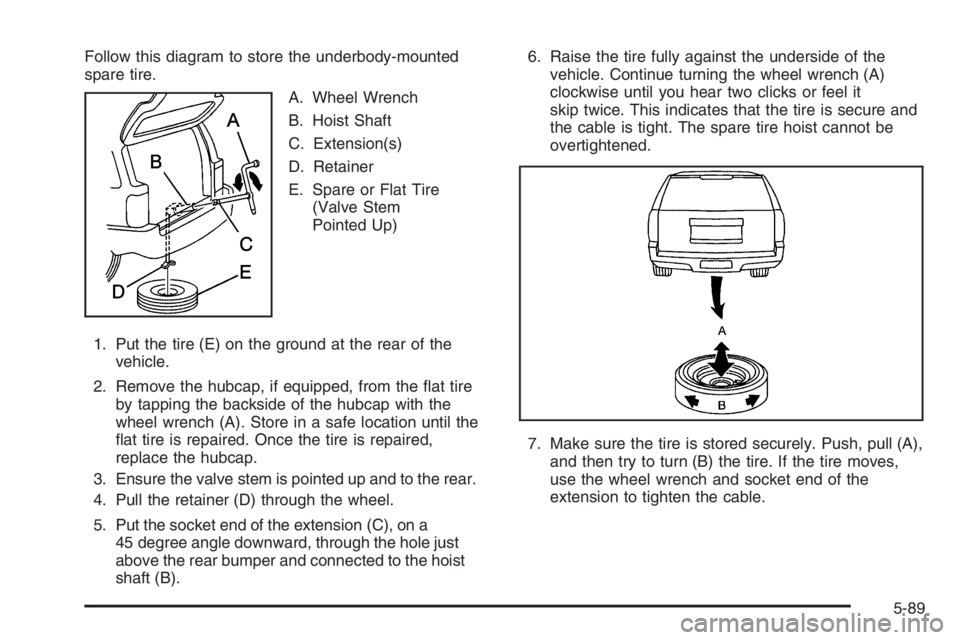 GMC ENVOY XL 2006  Owners Manual Follow this diagram to store the underbody-mounted
spare tire.
A. Wheel Wrench
B. Hoist Shaft
C. Extension(s)
D. Retainer
E. Spare or Flat Tire
(Valve Stem
Pointed Up)
1. Put the tire (E) on the groun