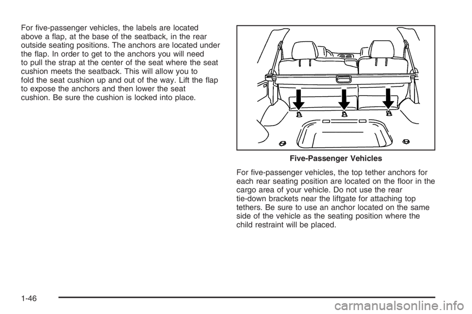 GMC ENVOY XL 2006 Workshop Manual For �ve-passenger vehicles, the labels are located
above a �ap, at the base of the seatback, in the rear
outside seating positions. The anchors are located under
the �ap. In order to get to the anchor