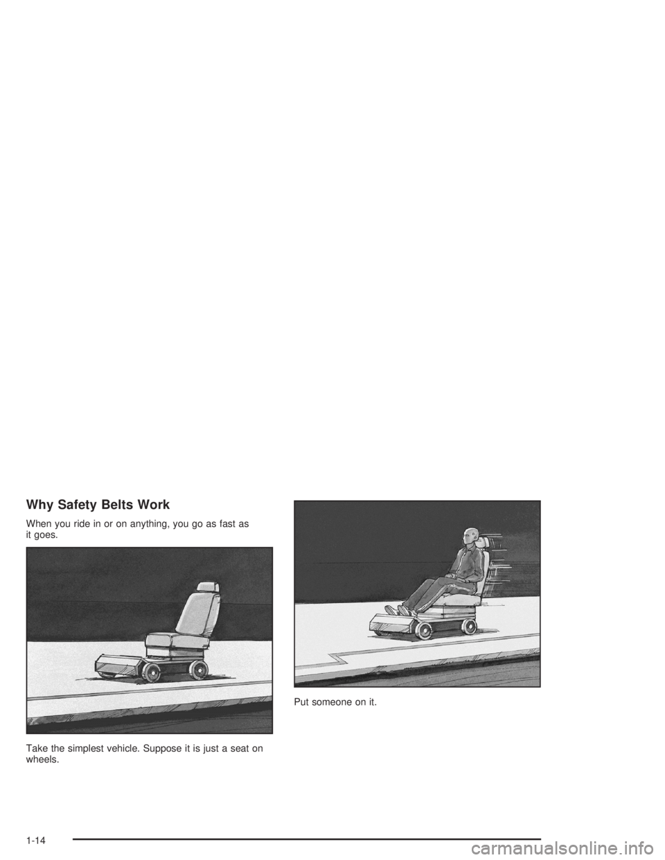 GMC ENVOY XL 2005 User Guide Why Safety Belts Work
When you ride in or on anything, you go as fast as
it goes.
Take the simplest vehicle. Suppose it is just a seat on
wheels.Put someone on it.
1-14 GMC ENVOY XL 2005 User Guide Why Safety Belts Work
When you ride in or on anything, you go as fast as
it goes.
Take the simplest vehicle. Suppose it is just a seat on
wheels.Put someone on it.
1-14