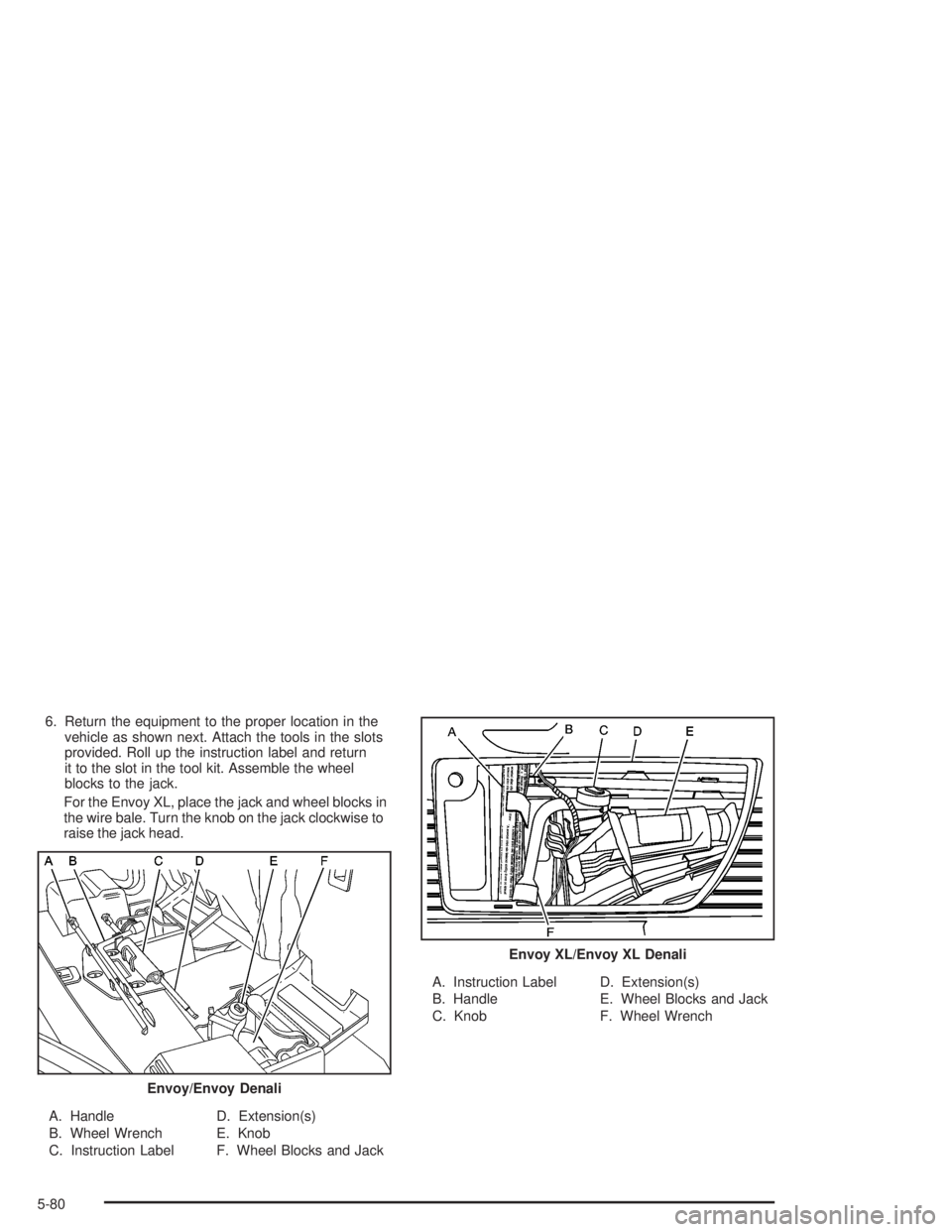 GMC ENVOY XL 2005  Owners Manual 6. Return the equipment to the proper location in the
vehicle as shown next. Attach the tools in the slots
provided. Roll up the instruction label and return
it to the slot in the tool kit. Assemble t