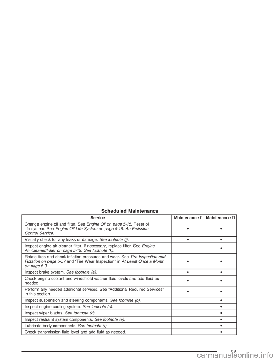 GMC ENVOY XL 2005 Service Manual Scheduled Maintenance
Service MaintenanceIMaintenanceII
Change engine oil and �lter. SeeEngine Oil on page 5-15. Reset oil
life system. SeeEngine Oil Life System on page 5-18.An Emission
Control Servi