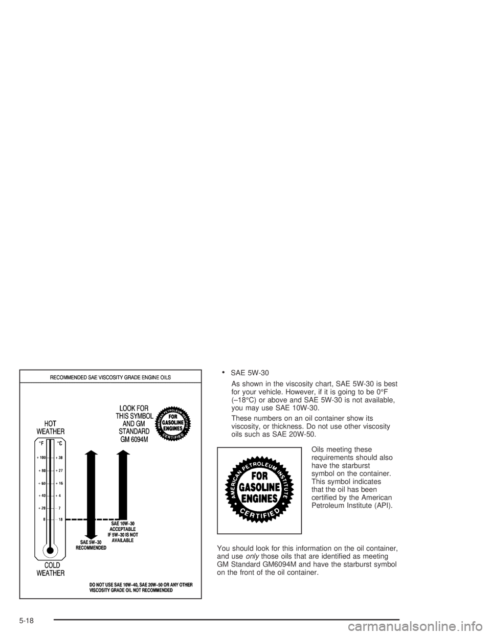 GMC ENVOY XL 2004  Owners Manual SAE 5W-30
As shown in the viscosity chart, SAE 5W-30 is best
for your vehicle. However, if it is going to be 0°F
(–18°C) or above and SAE 5W-30 is not available,
you may use SAE 10W-30.
These num