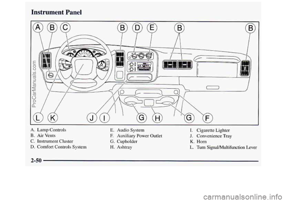 GMC SAVANA 1998 Owners Manual Instrument Panel
A. Lamp Controls
B. Air Vents
C. Instrument Cluster
D. Comfort Controls System
E. Audio System
E Auxiliary Power Outlet
G. Cupholder
H. Ashtray I. Cigarette
Lighter GMC SAVANA 1998 Owners Manual Instrument Panel
A. Lamp Controls
B. Air Vents
C. Instrument Cluster
D. Comfort Controls System
E. Audio System
E Auxiliary Power Outlet
G. Cupholder
H. Ashtray I. Cigarette
Lighter