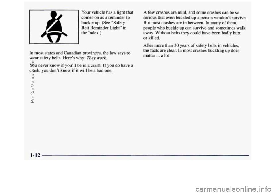 GMC SAVANA 1998 User Guide Your vehicle has a light that
comes on as
a reminder to
buckle up.
(See “Safety
Belt Reminder Light” in
the Index.)
In
most states and Canadian provinces, the law says to
wear safety GMC SAVANA 1998 User Guide Your vehicle has a light that
comes on as
a reminder to
buckle up.
(See “Safety
Belt Reminder Light” in
the Index.)
In
most states and Canadian provinces, the law says to
wear safety
