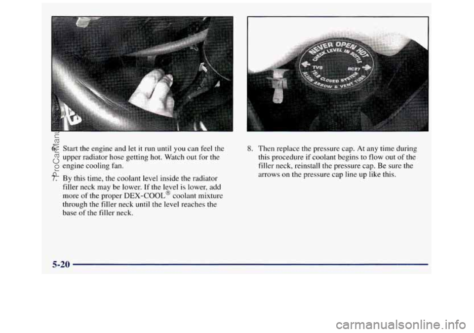 GMC SAVANA 1998  Owners Manual 6. 
7. 
Start the engine  and let it run  until  you  can feel  the 
upper  radiator  hose  getting 
hot. Watch out for  the 
engine  cooling  fan. 
By this  time, the coolant level  inside the radiat