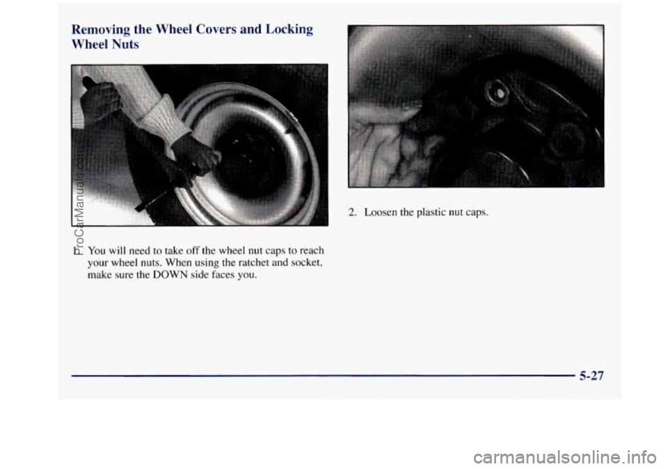GMC SAVANA 1998 Owners Manual Removing the Wheel Covers and Locking
Wheel Nuts
2. Loosen the plastic nut caps.
1. You will need to take off the wheel nut caps to reach
your wheel nuts. When
using the ratchet a GMC SAVANA 1998 Owners Manual Removing the Wheel Covers and Locking
Wheel Nuts
2. Loosen the plastic nut caps.
1. You will need to take off the wheel nut caps to reach
your wheel nuts. When
using the ratchet a