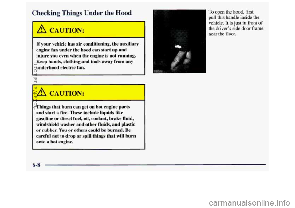 GMC SAVANA 1998  Owners Manual Checking Things Under  the Hood 
A CAUTION: 
If your  vehicle  has  air  conditioning,  the  auxiliary 
engine  fan  under  the  hood can  start  up  and 
injure  you even  when  the  engine  is not  