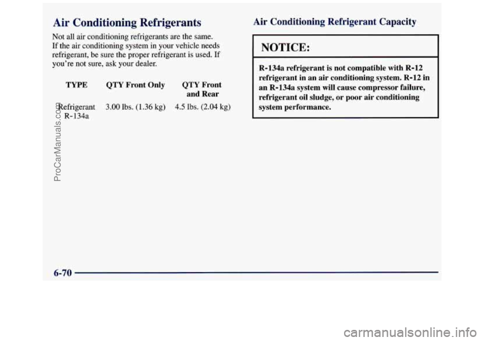 GMC SAVANA 1998 Owners Manual Air Conditioning Refrigerants
Not all air conditioning refrigerants are the same.
If the air conditioning system in your vehicle needs
refrigerant, be swe the proper refrigerant is used.
GMC SAVANA 1998 Owners Manual Air Conditioning Refrigerants
Not all air conditioning refrigerants are the same.
If the air conditioning system in your vehicle needs
refrigerant, be swe the proper refrigerant is used.
