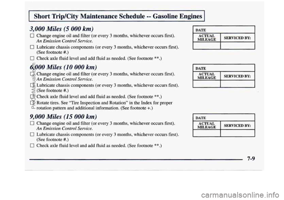 GMC SAVANA 1998  Owners Manual 1 
I Short  Trip/Cits  Maintenance  Schedule -- Gasoline  Engines I 
3,000 Miles (5 000 km) 
0 Change  engine  oil  and  filter (or every 3 months, whichever  occurs first). 
0 Lubricate  chassis  com
