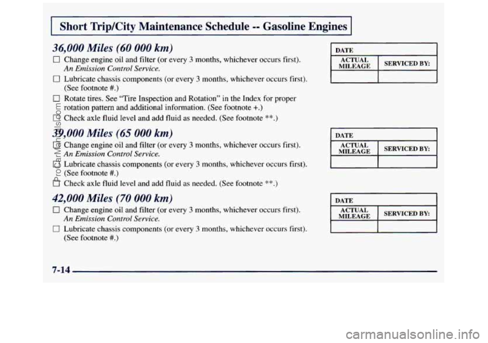 GMC SAVANA 1998  Owners Manual I Short  Trip/City  Maintenance  Schedule -- Gasoline  Engines I 
36,000 Miles (60 000 km) 
0 Change engine oil and  filter (or every 3 months,  whichever occurs first). 
An Emission  Control Service.