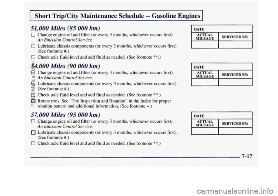 GMC SAVANA 1998  Owners Manual 1 Short  Trip/City  Maintenance  Schedule -- Gasoline  Engines I 
51,000 Miles (85 000 km) 
0 Change  engine oil and  filter (or every 3 months,  whichever  occurs first). 
I7 Lubricate  chassis  comp
