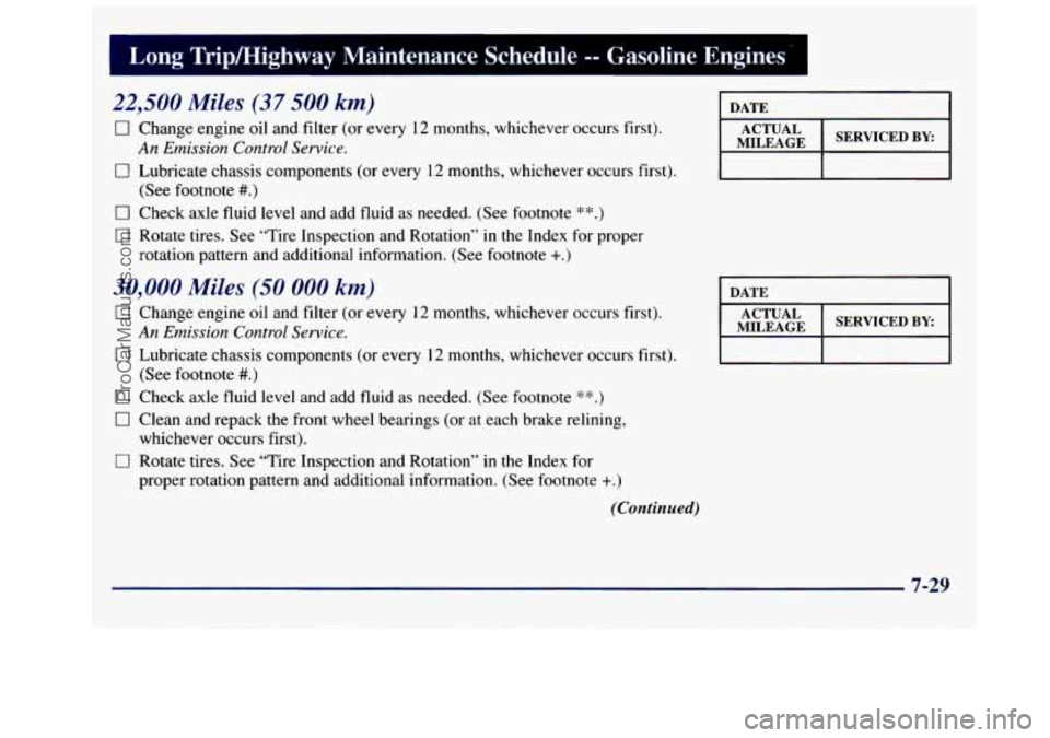 GMC SAVANA 1998 Owners Manual Trip/Highway Maintenance Schedule -- Gasoline Engines’ I
22,500 Miles (37 500 km)
0 Change engine oil and filter (or every 12 months, whichever occurs first).
0 Lubricate chassis component GMC SAVANA 1998 Owners Manual Trip/Highway Maintenance Schedule -- Gasoline Engines’ I
22,500 Miles (37 500 km)
0 Change engine oil and filter (or every 12 months, whichever occurs first).
0 Lubricate chassis component