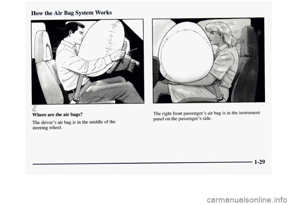 GMC SAVANA 1998 Owners Guide How the Air Bag System Works 
". 
Where  are  the air bags? 
The  drivers  air bag is in the middle  of the 
steering  wheel.  The 
right  front  passengers  air  bag is  in  the  instrument 
panel 