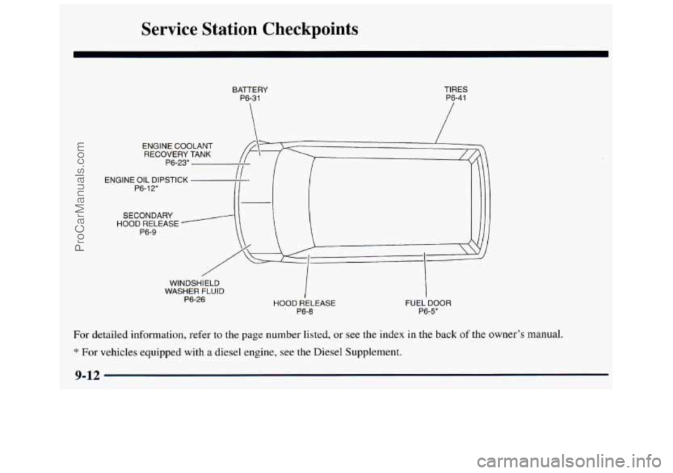 GMC SAVANA 1998 Owners Manual Service Station Checkpoints
For detailed information, refer to the page number listed, or see the index in the back of the o
* For vehicles equipped with a diesel engine, see the GMC SAVANA 1998 Owners Manual Service Station Checkpoints
For detailed information, refer to the page number listed, or see the index in the back of the o
* For vehicles equipped with a diesel engine, see the