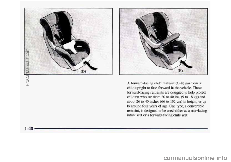 GMC SAVANA 1998 Workshop Manual , . .. 
A forward-facing  child  restraint (C-E) positions  a 
child  upright  to  face  forward  in  the  vehicle.  These 
forward-facing  restraints  are  designed  to  help  protect 
children 
who 
