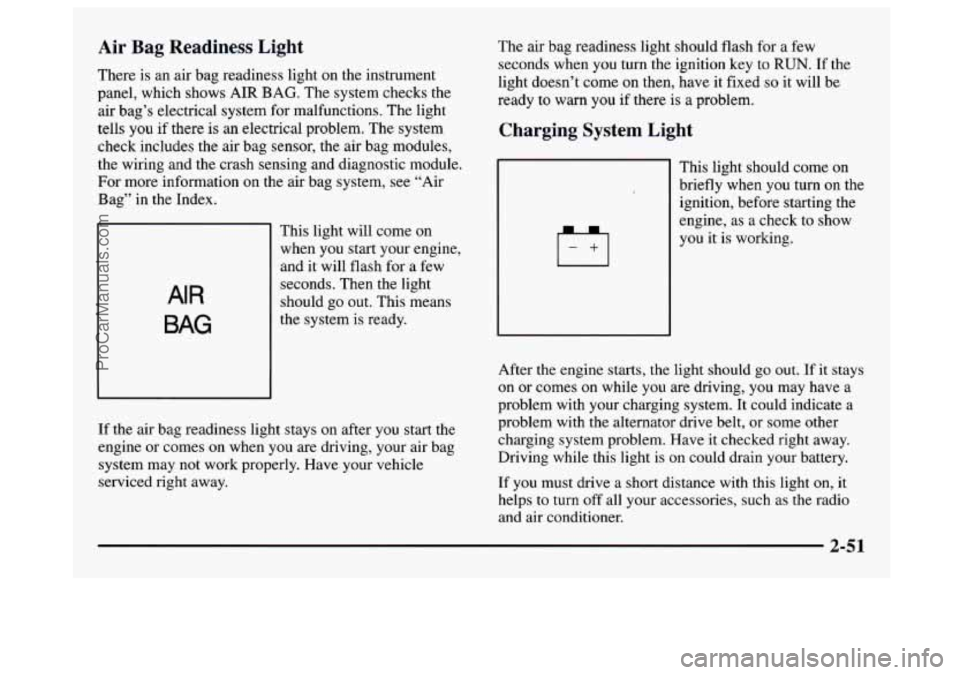 GMC SAVANA 1997  Owners Manual Air  Bag  Readiness  Light 
There is an air bag readiness light on the instrument 
panel, which shows 
AIR BAG. The system checks the 
air  bag’s  electrical system 
for malfunctions.  The light 
te