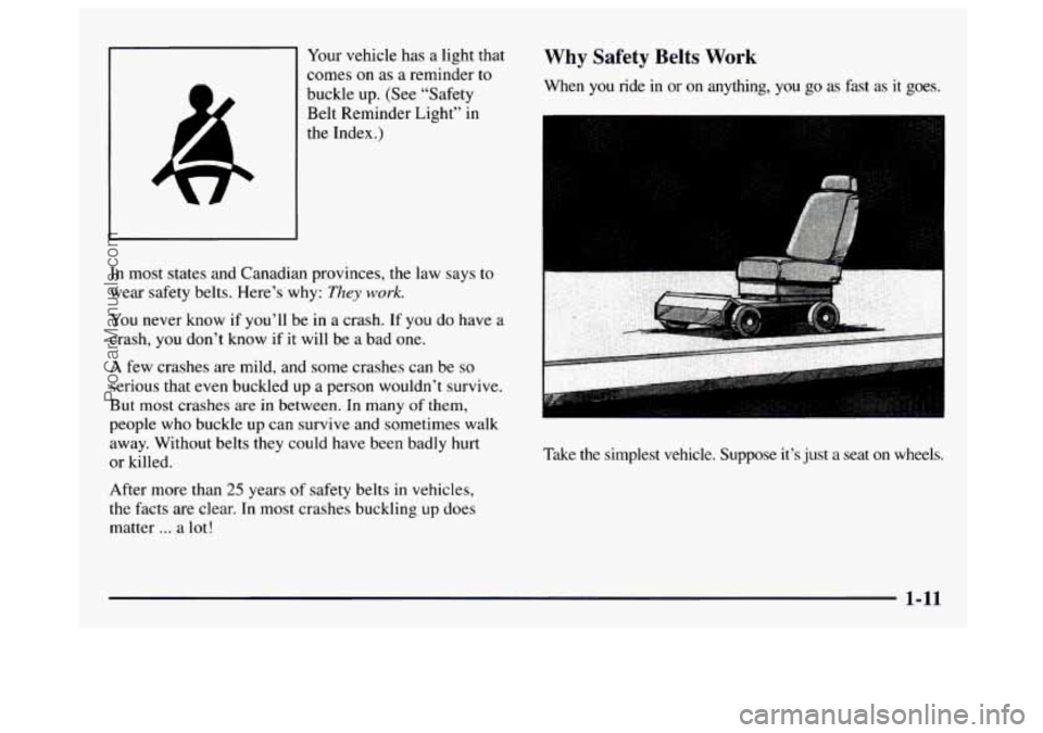 GMC SAVANA 1997 User Guide Your vehicle has  a light  that 
comes 
on as  a reminder to 
buckle up. (See “Safety 
Belt Reminder Light”  in 
the  Index.) 
In  most  states  and Canadian provinces,  the law  says 
to 
wear  s