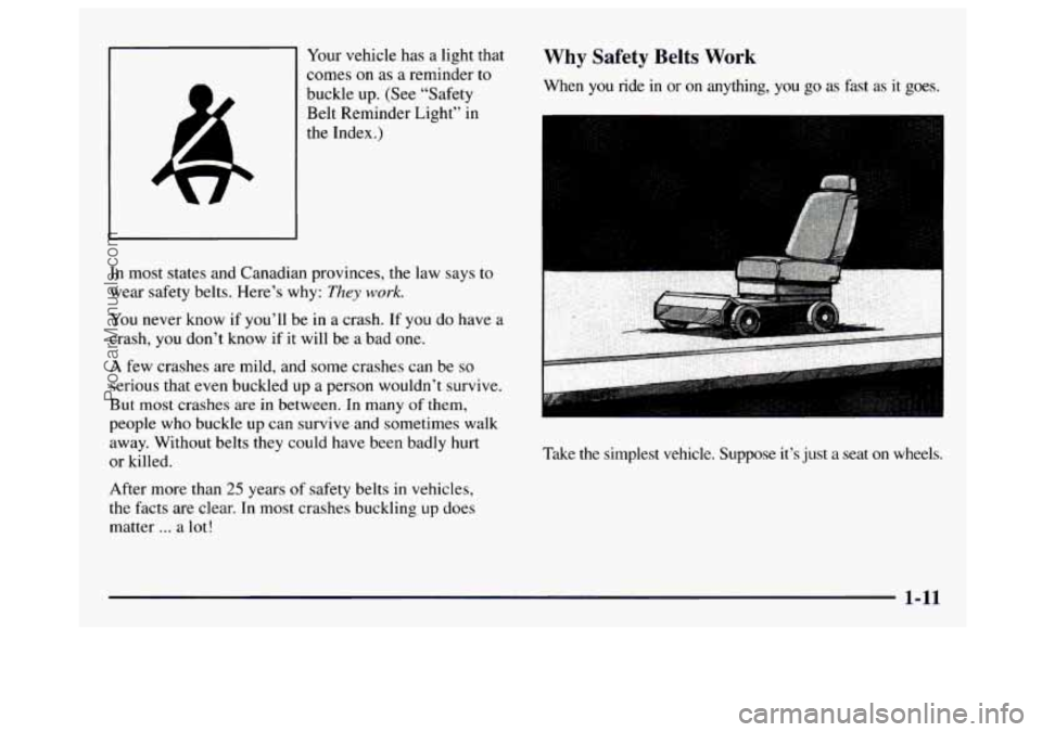 GMC SAVANA 1997 User Guide Your vehicle has a light that
comes
on as a reminder to
buckle up. (See “Safety
Belt Reminder Light” in
the Index.)
In most states and Canadian provinces, the law says
to
wear s GMC SAVANA 1997 User Guide Your vehicle has a light that
comes
on as a reminder to
buckle up. (See “Safety
Belt Reminder Light” in
the Index.)
In most states and Canadian provinces, the law says
to
wear s