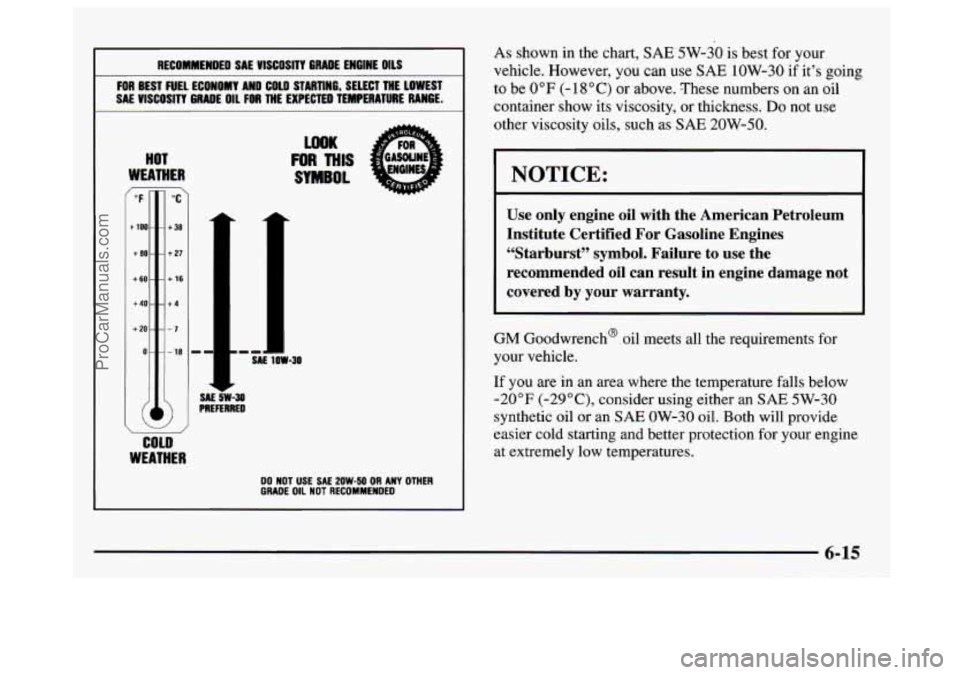 GMC SAVANA 1997 Owners Manual I RECOMMENDED SAE VISCOSITY GRADE ENGINE OILS
FOR BEST FUEL ECONOMY AND COLD STARTING, SELECT THE LOWEST
I SAE VISCOSITY GRADE OIL FOR THE EXPECTED TEMPERATURE RANGE.
HOT
WEATHER
+l GMC SAVANA 1997 Owners Manual I RECOMMENDED SAE VISCOSITY GRADE ENGINE OILS
FOR BEST FUEL ECONOMY AND COLD STARTING, SELECT THE LOWEST
I SAE VISCOSITY GRADE OIL FOR THE EXPECTED TEMPERATURE RANGE.
HOT
WEATHER
+l