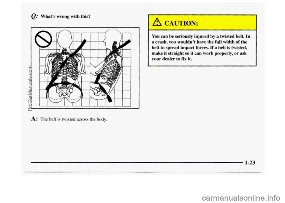 GMC SAVANA 1997 Owners Guide &= Whats  wrong  with  this? 
You can be seriously  injured by a  twisted  belt. In 
a crash,  you  wouldnt  have the full  width  of  the 
belt  to  spread  impact  forces. 
If a  belt  is twisted,