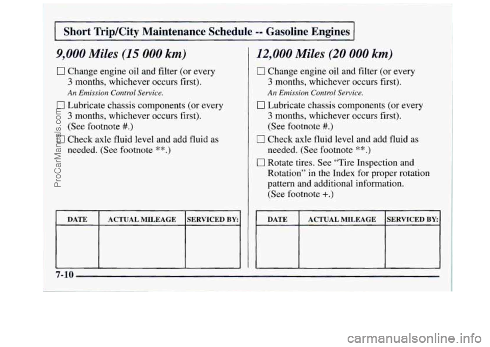 GMC SAVANA 1997 Owners Manual Short TripKity Maintenance Schedule -- Gasoline Engines
9,000 Miles (15 000 km)
0 Change engine oil and filter (or every
3 months, whichever occurs first).
An Emission Control Service.
0 GMC SAVANA 1997 Owners Manual Short TripKity Maintenance Schedule -- Gasoline Engines
9,000 Miles (15 000 km)
0 Change engine oil and filter (or every
3 months, whichever occurs first).
An Emission Control Service.
0