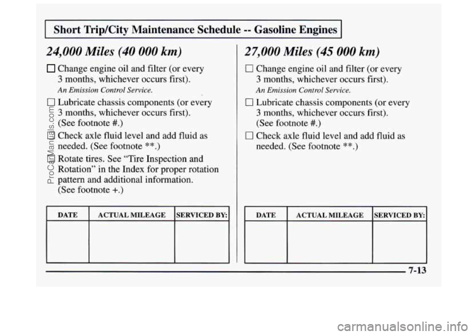 GMC SAVANA 1997 Owners Manual I Short TripKity Maintenance Schedule -- Gasoline Engines I
24,000 Miles (40 000 km)
Change engine oil and filter (or every
3 months, whichever occurs first).
An Emission Control Service.
0 GMC SAVANA 1997 Owners Manual I Short TripKity Maintenance Schedule -- Gasoline Engines I
24,000 Miles (40 000 km)
Change engine oil and filter (or every
3 months, whichever occurs first).
An Emission Control Service.
0