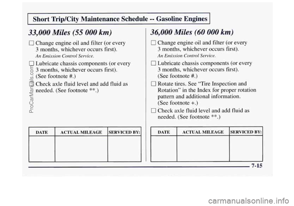 GMC SAVANA 1997 Owners Manual Short TripKity Maintenance Schedule -- Gasoline Engines
33,000 Miles (55 000 km)
0 Change engine oil and filter (or every
3 months, whichever occurs first).
An Emission Control Service.
0 L GMC SAVANA 1997 Owners Manual Short TripKity Maintenance Schedule -- Gasoline Engines
33,000 Miles (55 000 km)
0 Change engine oil and filter (or every
3 months, whichever occurs first).
An Emission Control Service.
0 L