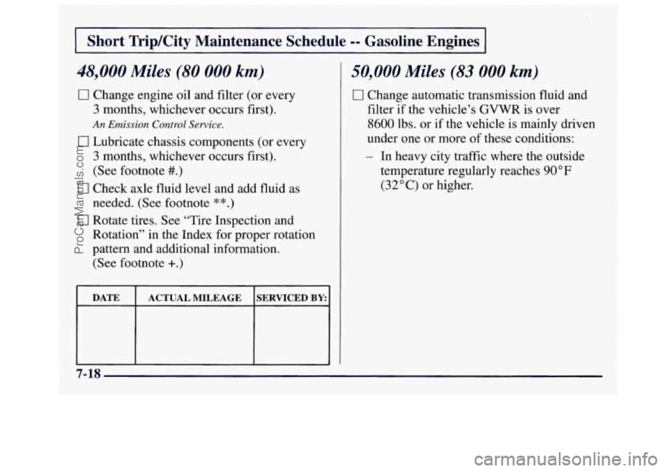 GMC SAVANA 1997 Owners Manual Short TriplCity Maintenance Schedule -- Gasoline Engines
48,000 Miles (80 000 km)
0 Change engine oil and filter (or every
3 months, whichever occurs first).
An Emission Control Service. GMC SAVANA 1997 Owners Manual Short TriplCity Maintenance Schedule -- Gasoline Engines
48,000 Miles (80 000 km)
0 Change engine oil and filter (or every
3 months, whichever occurs first).
An Emission Control Service.