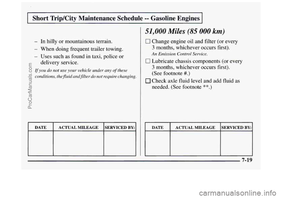GMC SAVANA 1997 Owners Manual I Short Trip/City Maintenance Schedule -- Gasoline Engines I
In hilly or mountainous terrain.
When doing frequent trailer towing.
Uses such as found in taxi, police
or
delivery service.
If GMC SAVANA 1997 Owners Manual I Short Trip/City Maintenance Schedule -- Gasoline Engines I
In hilly or mountainous terrain.
When doing frequent trailer towing.
Uses such as found in taxi, police
or
delivery service.
If