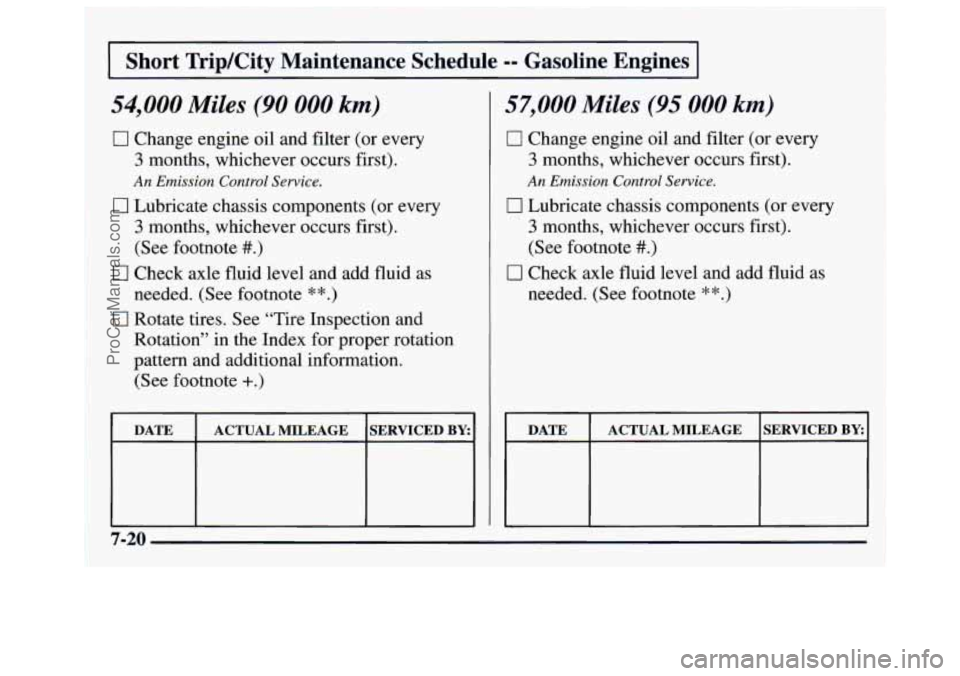 GMC SAVANA 1997 Owners Manual I Short TripKity Maintenance Schedule -- Gasoline Engines I
54,000 Miles (90 000 km)
0 Change engine oil and filter (or every
3 months, whichever occurs first).
An Emission Control Servi GMC SAVANA 1997 Owners Manual I Short TripKity Maintenance Schedule -- Gasoline Engines I
54,000 Miles (90 000 km)
0 Change engine oil and filter (or every
3 months, whichever occurs first).
An Emission Control Servi