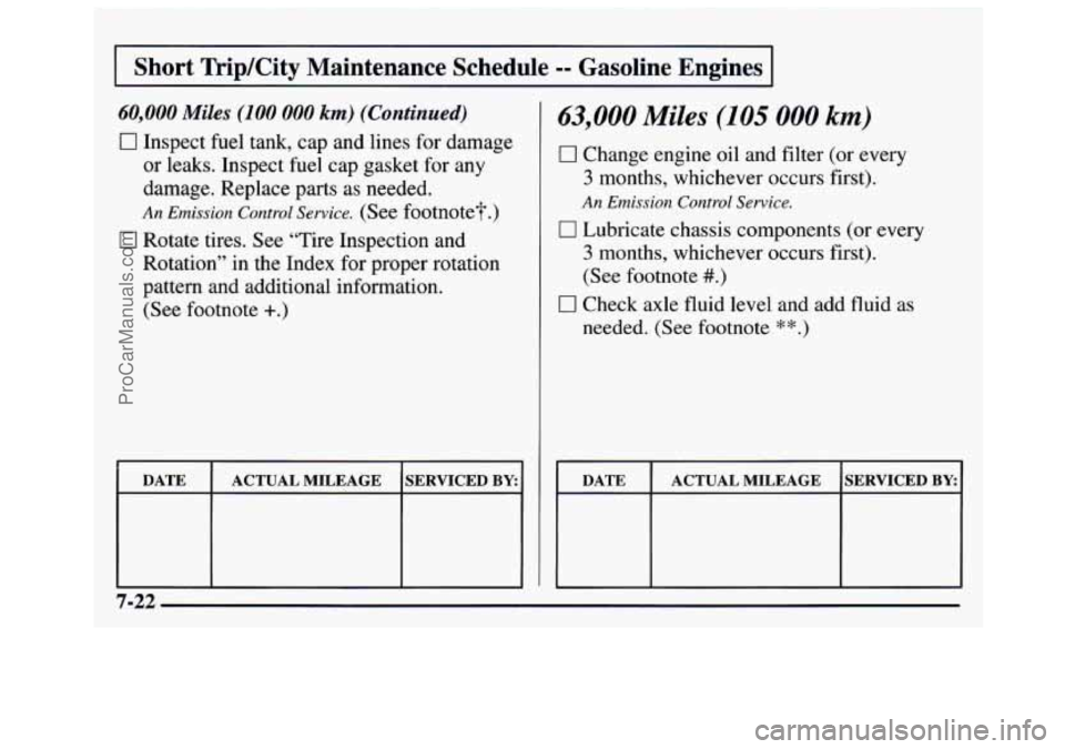 GMC SAVANA 1997 Owners Manual I Short RiplCity Maintenance Schedule -- Gasoline Engines I
60,000 Miles (100 000 km) (Continued)
El Inspect fuel tank, cap and lines for damage
or leaks. Inspect fuel cap gasket for any
dama GMC SAVANA 1997 Owners Manual I Short RiplCity Maintenance Schedule -- Gasoline Engines I
60,000 Miles (100 000 km) (Continued)
El Inspect fuel tank, cap and lines for damage
or leaks. Inspect fuel cap gasket for any
dama