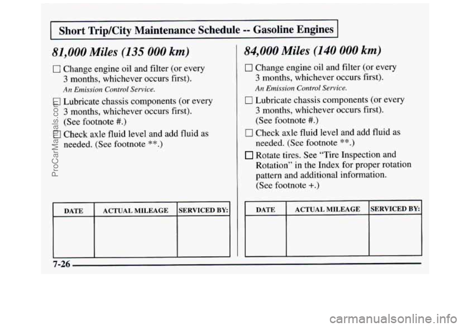 GMC SAVANA 1997 Owners Manual I Short Trip/City Maintenance Schedule =- Gasoline Engines I
81,000 Miles (135 000 km)
0 Change engine oil and filter (or every
3 months, whichever occurs first).
,4n Emission Control Service. GMC SAVANA 1997 Owners Manual I Short Trip/City Maintenance Schedule =- Gasoline Engines I
81,000 Miles (135 000 km)
0 Change engine oil and filter (or every
3 months, whichever occurs first).
,4n Emission Control Service.