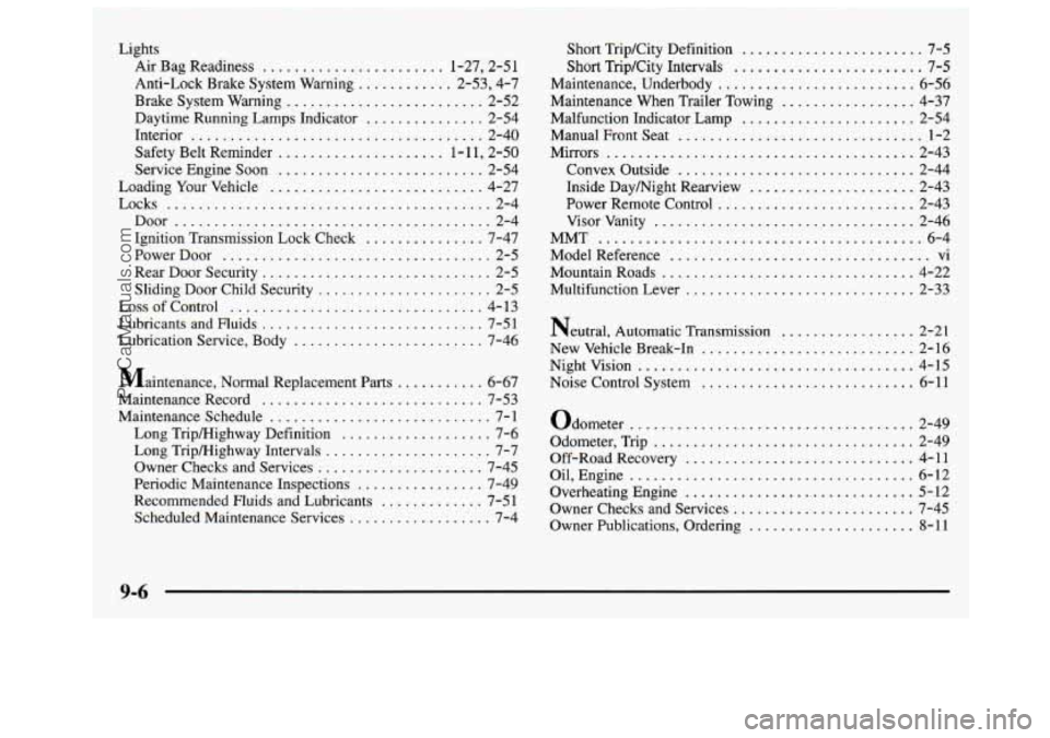 GMC SAVANA 1997 Owners Manual Lights Air Bag Readiness
....................... 1.27. 2.5 1
Anti-Lock Brake System Warning ............ 2.53. 4.7
Brake System Warning
......................... 2-52
Daytime Running Lamp GMC SAVANA 1997 Owners Manual Lights Air Bag Readiness
....................... 1.27. 2.5 1
Anti-Lock Brake System Warning ............ 2.53. 4.7
Brake System Warning
......................... 2-52
Daytime Running Lamp