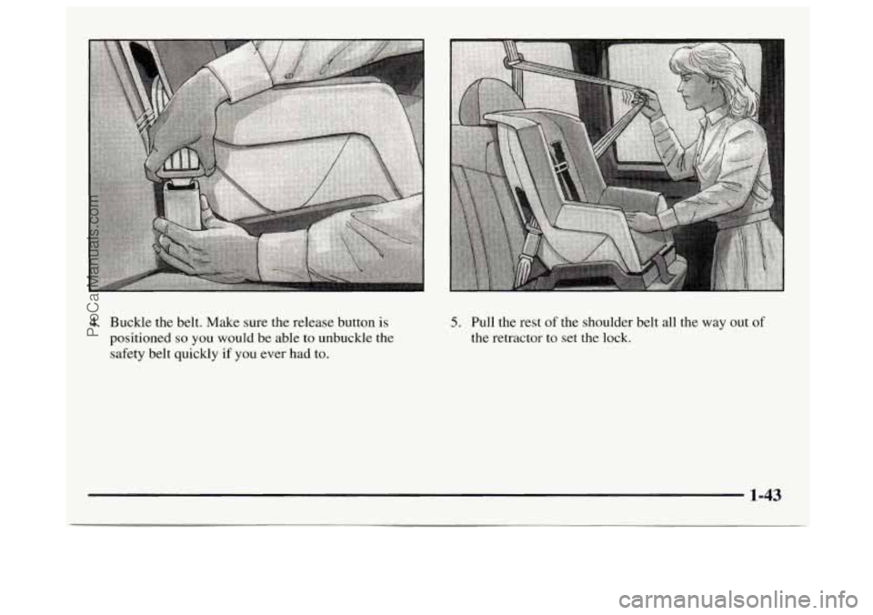 GMC SAVANA 1997 Workshop Manual 4. Buckle the belt. Make sure the release button is
positioned so you would be able to unbuckle the
safety belt quickly if you ever had to.
5. Pull the rest of the shoulder belt all GMC SAVANA 1997 Workshop Manual 4. Buckle the belt. Make sure the release button is
positioned so you would be able to unbuckle the
safety belt quickly if you ever had to.
5. Pull the rest of the shoulder belt all