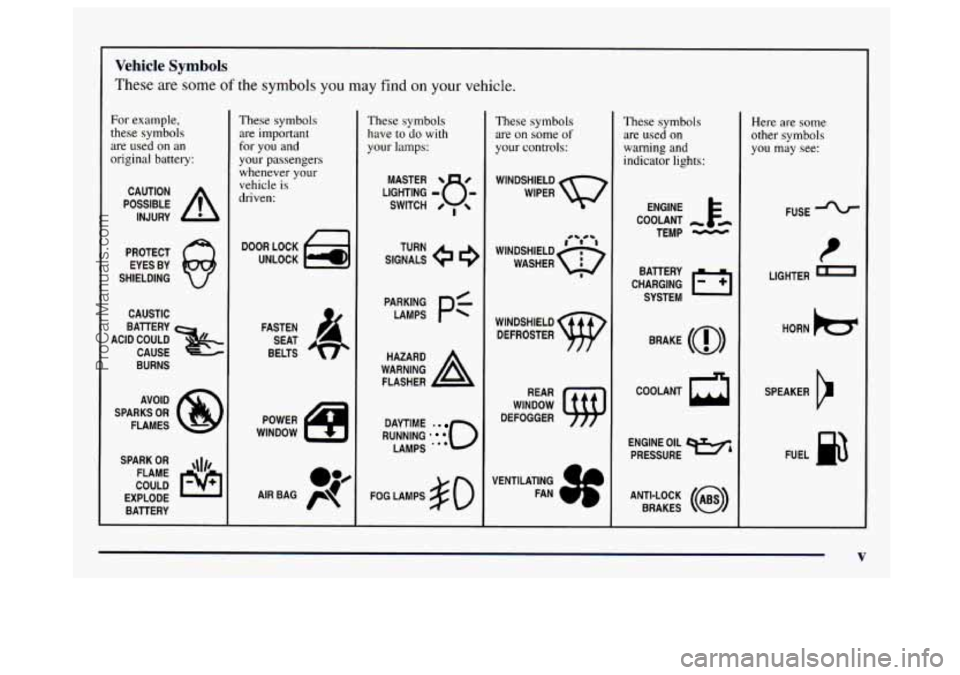 GMC SAVANA 1997 Owners Manual Vehicle Symbols
These are some of the symbols you may find on your vehicle.
For example,
these symbols are used on an
original battery:
POSSIBLE A
CAUTION
INJURY
PROTECT EYES BY
SHIELDI GMC SAVANA 1997 Owners Manual Vehicle Symbols
These are some of the symbols you may find on your vehicle.
For example,
these symbols are used on an
original battery:
POSSIBLE A
CAUTION
INJURY
PROTECT EYES BY
SHIELDI