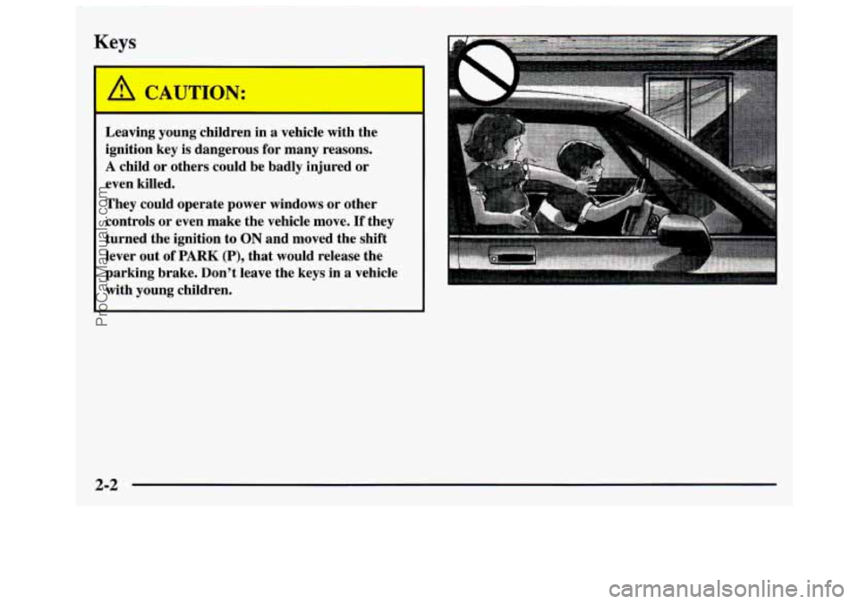 GMC SAVANA 1997  Owners Manual 1 Keys 
A CAUTION: 
Leaving  young children in a vehicle  with  the 
ignition  key is dangerous  for many  reasons. 
A child  or others  could  be  badly injured  or 
even  killed. 
They  could  opera