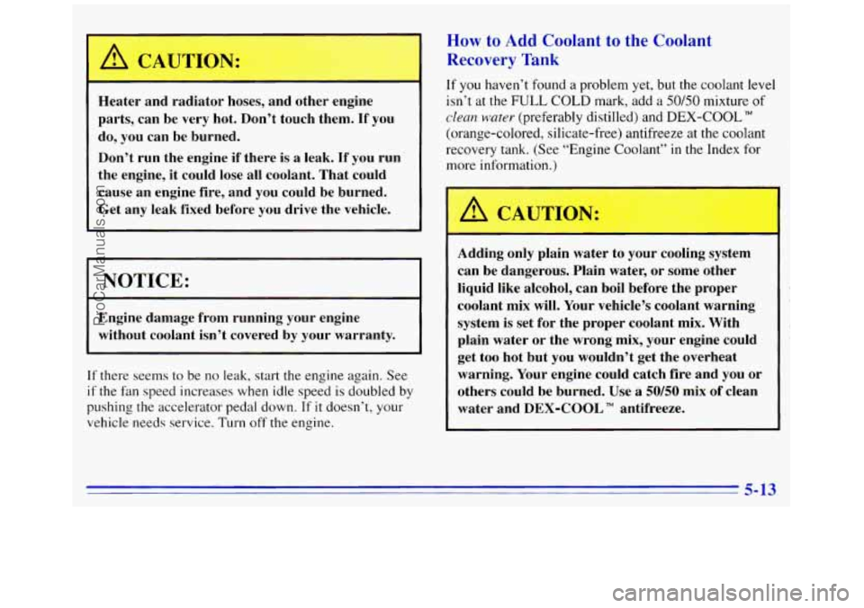 GMC SAVANA 1996  Owners Manual A CAUTIO1 . . 
Heater  and  radiator  hoses,  and  other  engine 
parts,  can  be  very  hot.  Don’t touch  them.  If you 
do, 
you can  be  burned. 
Don’t  run  the  engine  if there  is a  leak.