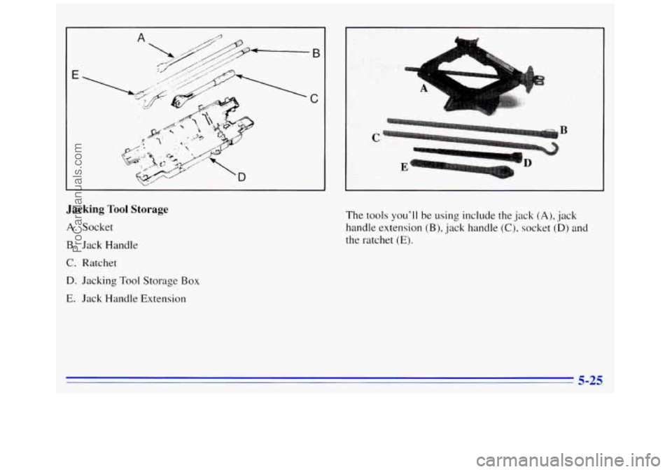 GMC SAVANA 1996  Owners Manual Jacking Tool Storage 
A. Socket 
B. Jack Handle 
C. Ratchet 
D. Jacking Tool Storage Box 
c. Jack Handle Extension 
J 
.. ..I .. -.., .- - . , .. .. 7aasr . .... .. .. -. .. . 
. 
.. 
The  tools youl