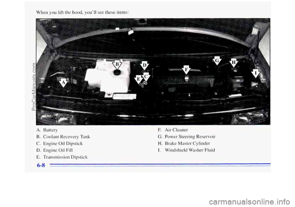 GMC SAVANA 1996  Owners Manual When you lift the hood, ~011’11 see  these  items: 
A. Battery 
B. Coolant  Recovery Tank 
C. Engine  Oil  Dipstick 
D. Engine Oil  Fill 
E. Transmission  Dipstick 
F. Air Cleaner 
G. Power  Steerin