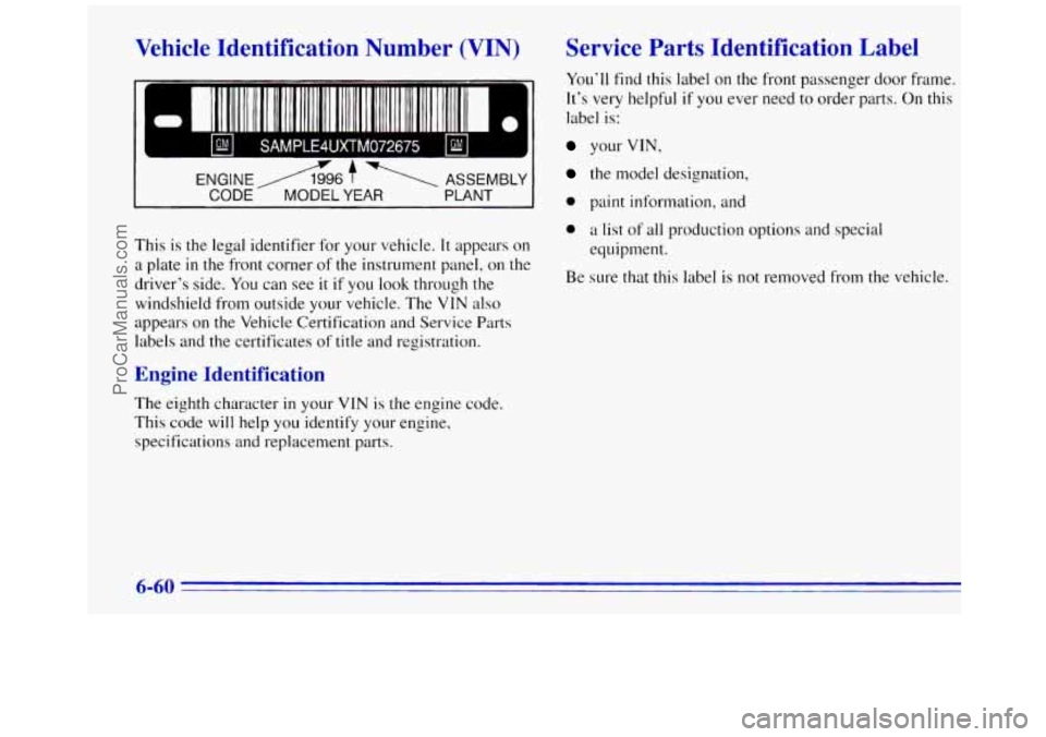 GMC SAVANA 1996  Owners Manual Vehicle  Identification  Number (VIN) 
B 
SAMPLE4UXTM072675 
ENGINEA6 f ASSEMBLY 
CODE MODEL YEAR  PLANT 
This is the legal  identifier  for your  vehicle. It appears  on 
a  plate 
in the front  corn
