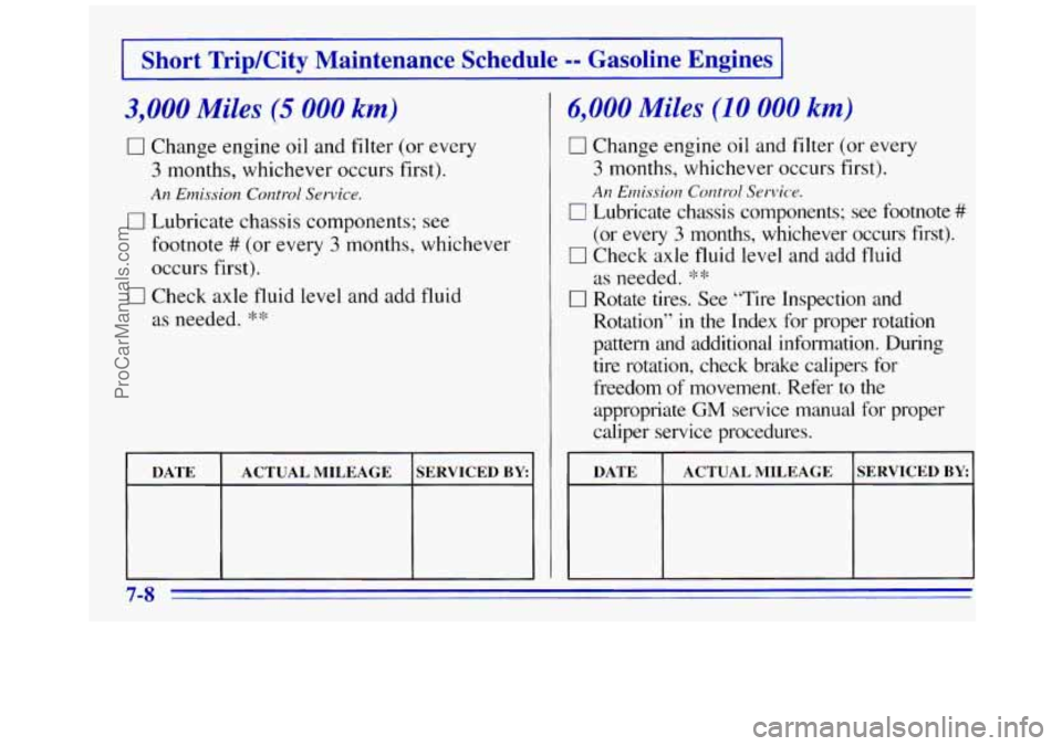 GMC SAVANA 1996  Owners Manual I Short TripKity  Maintenance  Schedule -- Gasoline  Engines I 
3,000 Miles (5 000 km) 
0 Change  engine oil and filter  (or  every 
3 months, whichever  occurs  first). 
0 Lubricate  chassis  compone