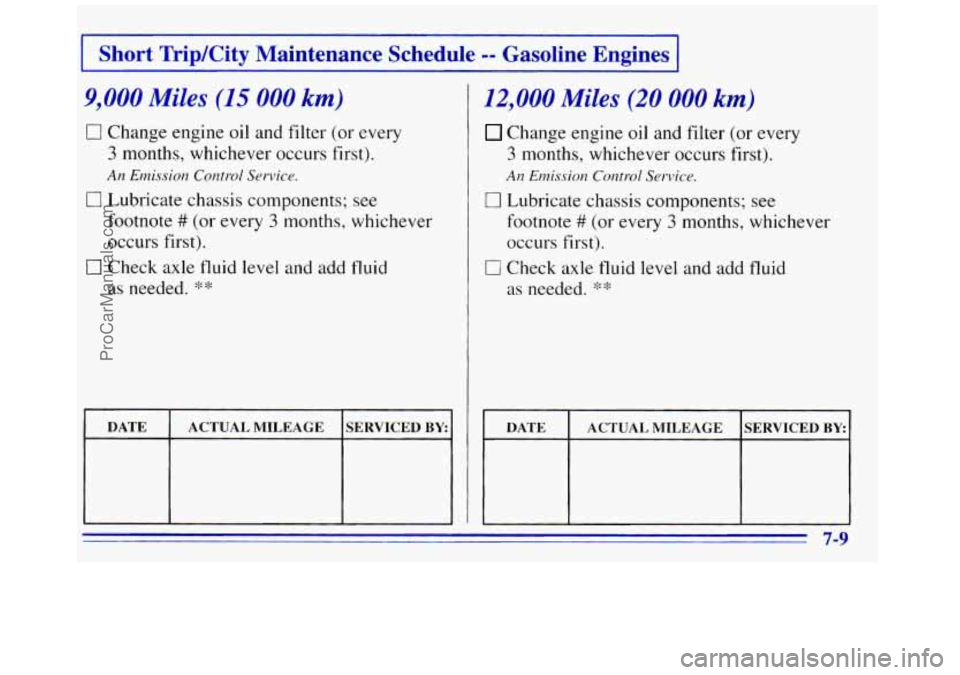 GMC SAVANA 1996  Owners Manual I Short  TripKity  Maintenance  Schedule -- Gasoline  Engines I 
9,000 Miles (15 000 ks:) 
CI Change engine oil and filter (or every 
3 months,  whichever  occurs first). 
0 Lubricate chassis componen