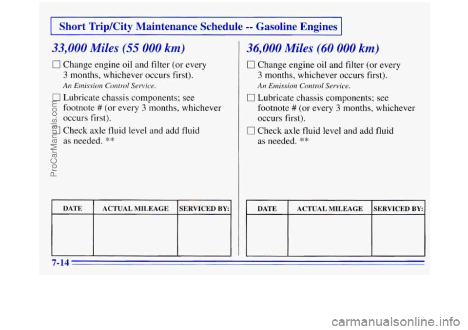 GMC SAVANA 1996  Owners Manual I Short  Trip/City  Maintenance  Schedule -- Gasoline  Engines I 
33.000 Milt .- (55 000 rn) 
0 Change engine oil  and filter (or every 
3 months, whichever occurs first). 
0 Lubricate chassis compone