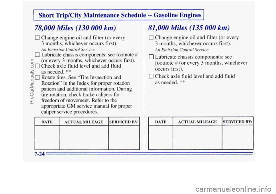 GMC SAVANA 1996  Owners Manual Short TripKity Maintenance  Schedule -- Gasoline  Engines > 
78,000 Miles (130 000 km) 
0 Change engine oil  and  filter (or  every 
3 months,  whichever  occurs first). 
An EI~I~SS~OII Control Servic