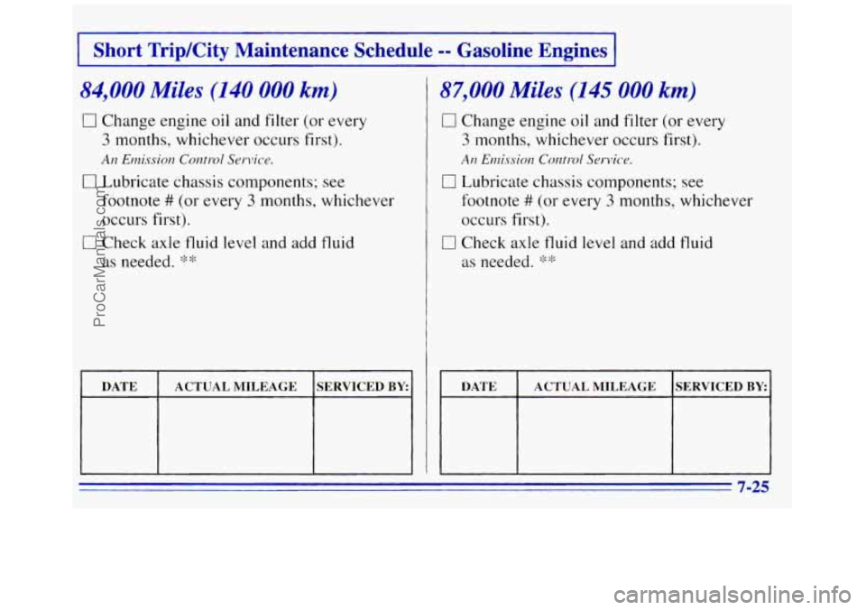 GMC SAVANA 1996 Owners Manual I Short TripKity Maintenance Schedule =- Gasoline Engines I
84,000 Miles (140 000 km)
0 Change engine oil and filter (or every
3 months, whichever occurs first).
0 Lubricate chassis compone GMC SAVANA 1996 Owners Manual I Short TripKity Maintenance Schedule =- Gasoline Engines I
84,000 Miles (140 000 km)
0 Change engine oil and filter (or every
3 months, whichever occurs first).
0 Lubricate chassis compone