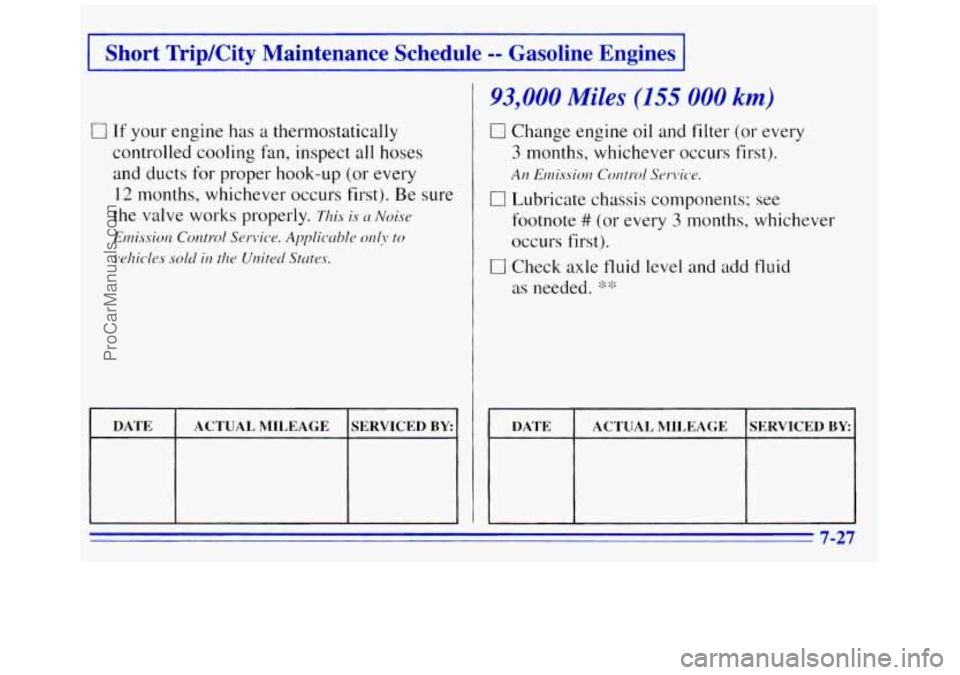 GMC SAVANA 1996 Owners Manual I Short TripKity Maintenance Schedule =- Gasoline Engines I
0 If your engine has a thermostatically
controlled cooling fan, inspect all hoses
and ducts for proper hook-up (or every
12 m GMC SAVANA 1996 Owners Manual I Short TripKity Maintenance Schedule =- Gasoline Engines I
0 If your engine has a thermostatically
controlled cooling fan, inspect all hoses
and ducts for proper hook-up (or every
12 m